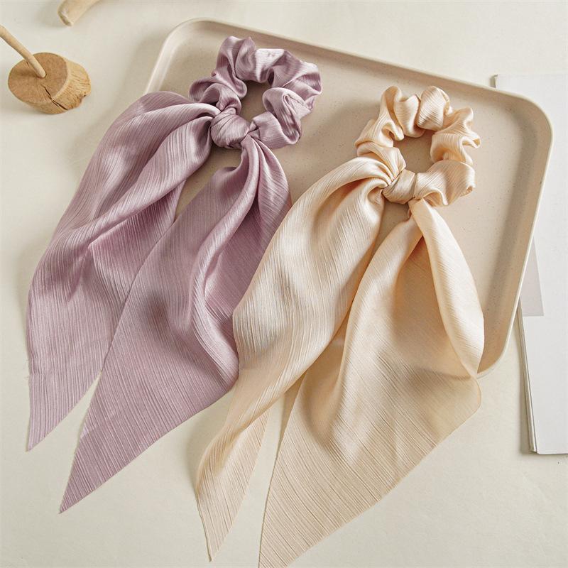 Düz Renk Uzun Kurdeleli Fiyonklu Scrunchie Saten At Kuyruğu Moda Saç Tokaları Kadın Kız Elastik Saç Bantları Başlık Saç Aksesuarları
