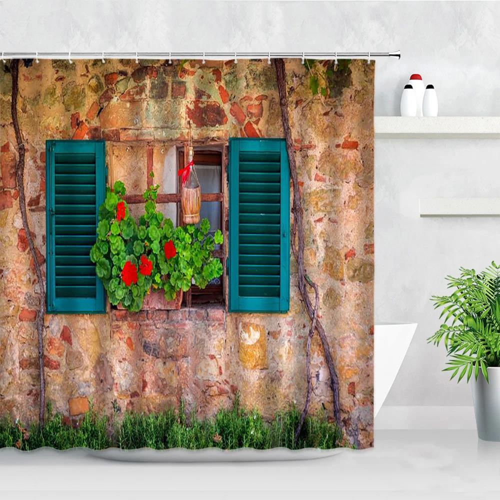 Fleurs Rouges Porte Grecque Bleue Avec Vue Sur Mer Sur Île Rideaux de Douche Tissu Imperméable Ensemble de Rideaux de Salle de Bain Décoration de Baignoire pour la Maison