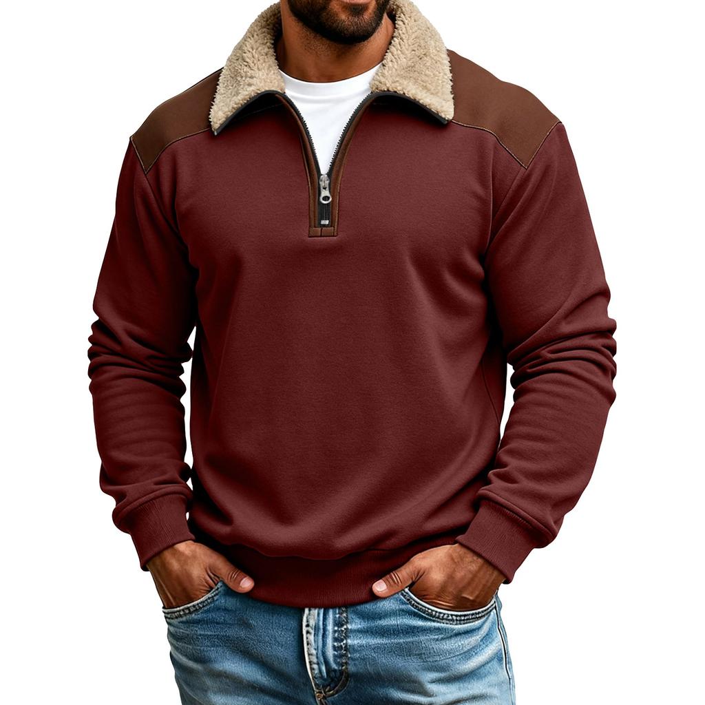 Pánská plyšová mikina s barevnými bloky, polovičním zipem a stojáčkem, pánská sportovní ležérní mikina plus size