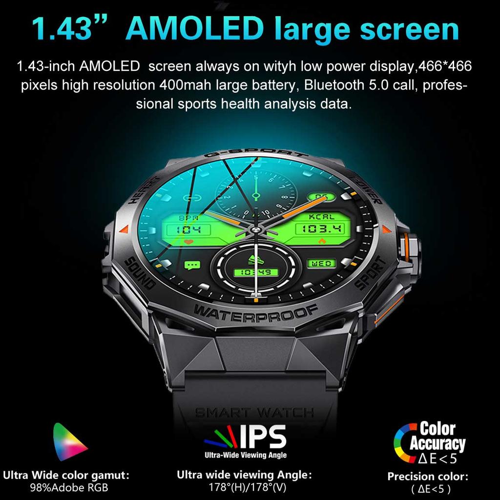 Men Outdoors Sports 1.43" AMOLED Screen Smartwatch Blue Tooth Call Heart Rate Health Monitoring Smart Watches Waterproof Women