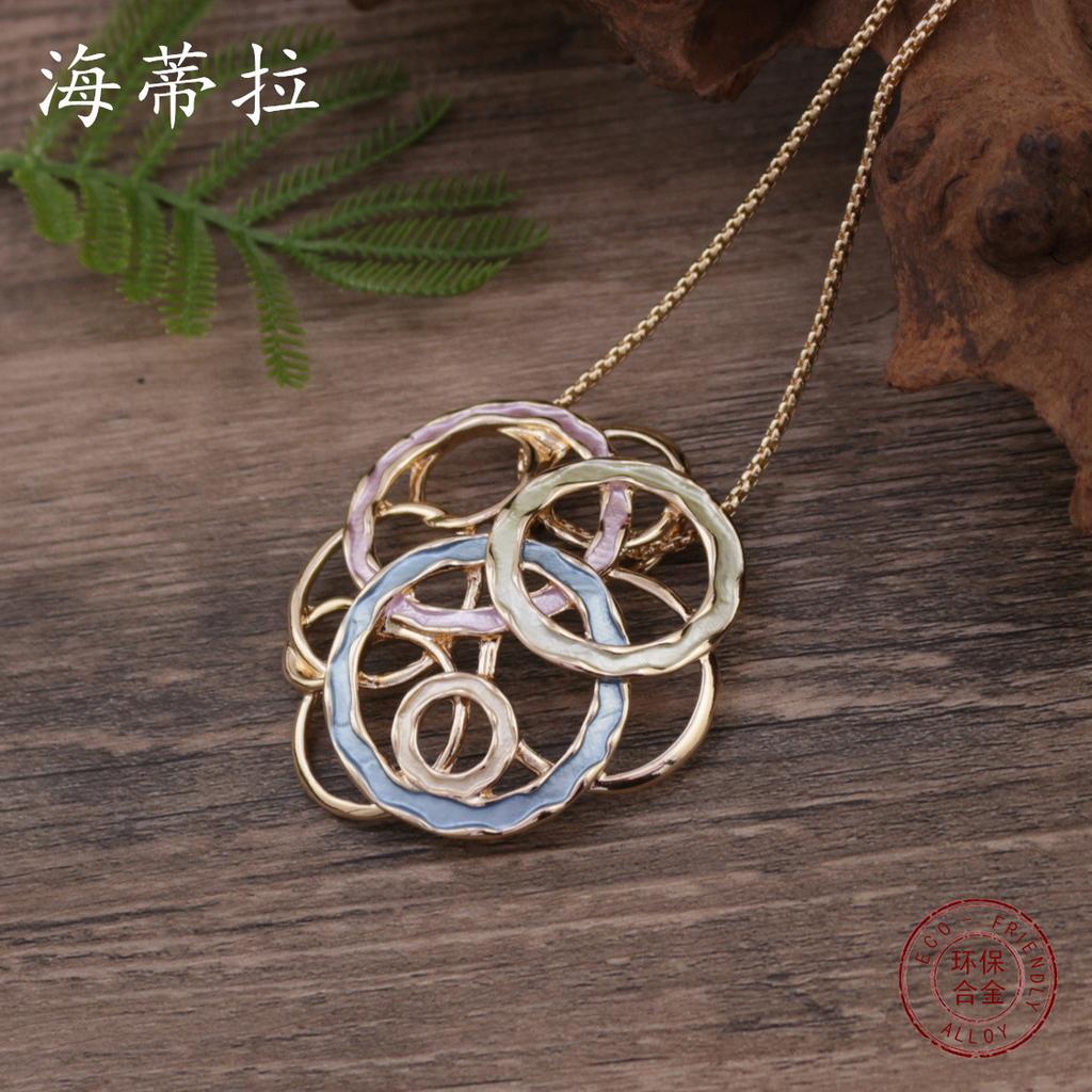 New Enamel Color Hollow Geometric Round Exaggerated Pendant, Personalized Ring Women's Versatile Necklace