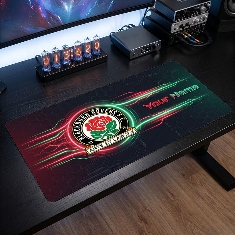 Blackburn Rovers FC Custom Large Mouse Pad, Personalized Name Text Print, Football Logo Non‑Slip Desk Mat Gaming Gift