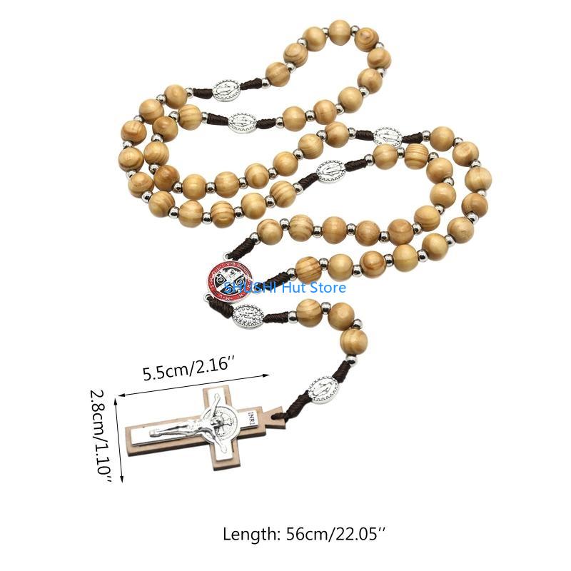 Wooden for Cross Rosary Necklaces Bead Hanging Christian Pendant for Women Men Religious Praying Jewelry Gift D57B