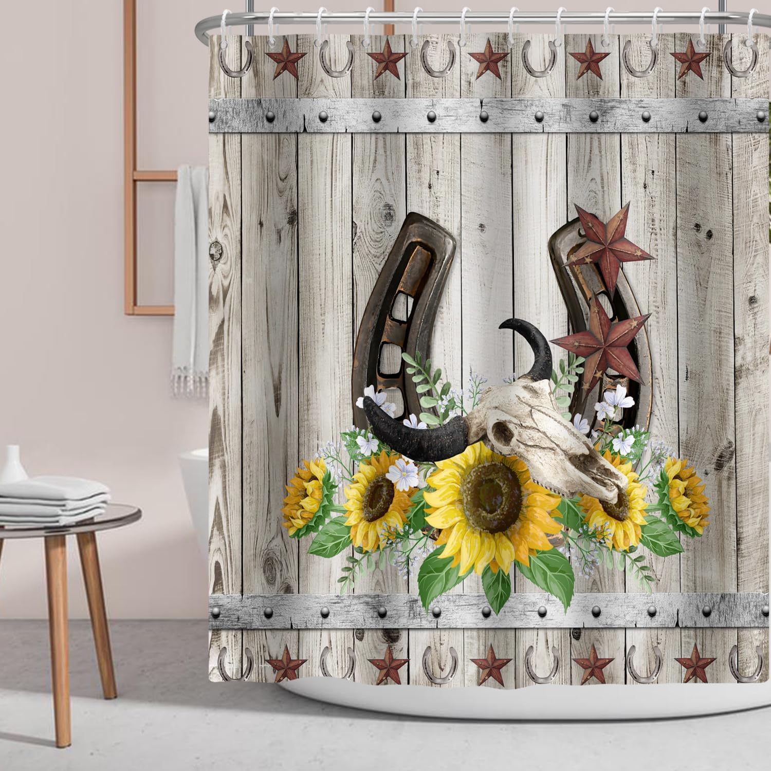 

Rustic Barn Door Shower Curtain Brown Star On Wooden,Country Cabin Fabric Shower Curtains Farmhouse Theme Bathroom Accessories W60H190(CM)-1 Pcs