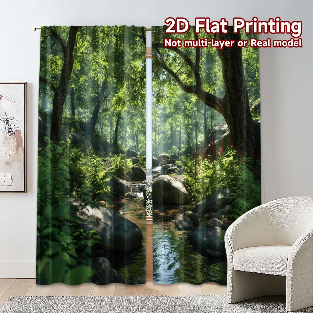 Set Of 2 Flat Printing Curtains Without Rod Forest Stream Creative Popular Versatile Polyester Curtain Thermal Made