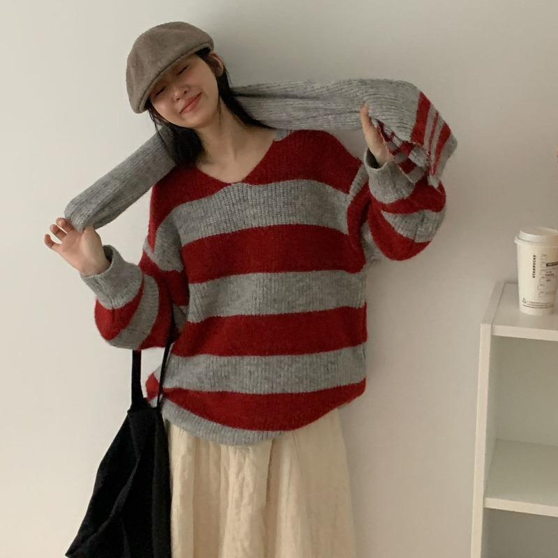 V-neck Striped Scarf Pullover Sweater Women's Autumn and Winter New Lazy Contrasting Color Loose Large Size Knitted Sweater