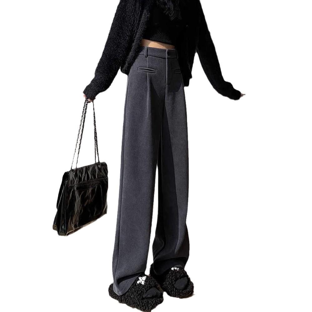 Women's Beige High-Waisted Wide-Leg Knitted Slim-Fit Trousers for Spring and Autumn, Fleece-Lined for Winter
