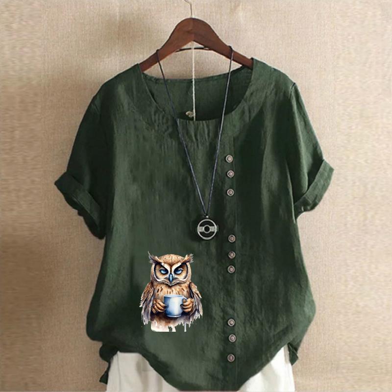 Women's Fashion Owl Prined Short Sleeve T-shirt Loose Cotton Shirt Casual Loose Summer Blouse Tops Plus Size