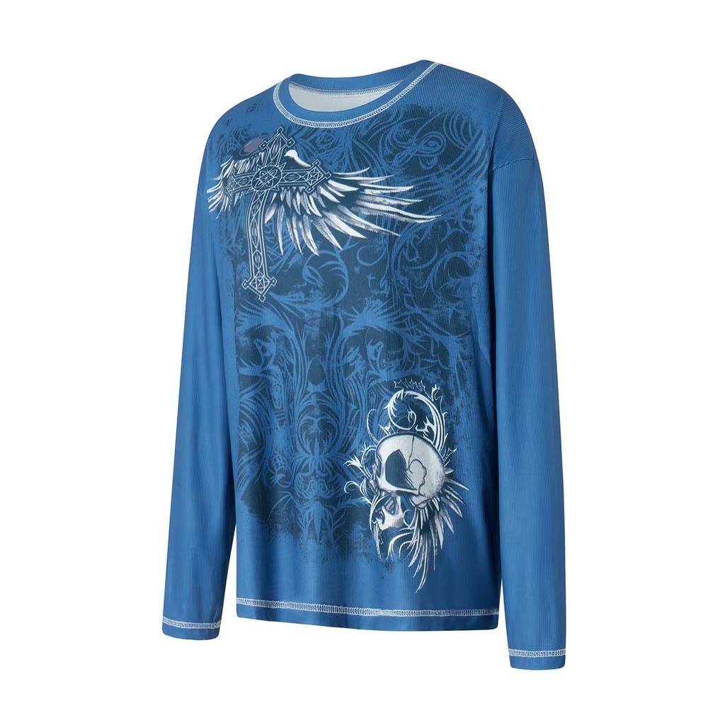 TrendHub Y2k Long Sleeve Tops for Women Grunge Aesthetic Baggy Tees Shirt 2000s Vintage Rhinestone Graphic Print Tops Emo Clothes