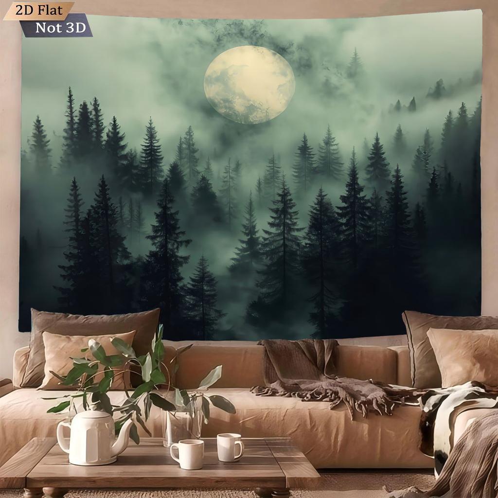 1pc Chinese Style Green Forest Printed Tapestry Living Room Wall Art Decoration Background Cloth Machine Washable Space Pendant