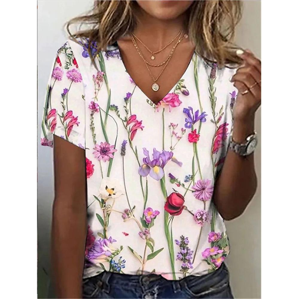 Flower Floral 3D Print T-Shirts Women Streetwear Summer Harajuku T Shirt Y2k Tops V-Neck Tees Woman Female Oversized Clothing