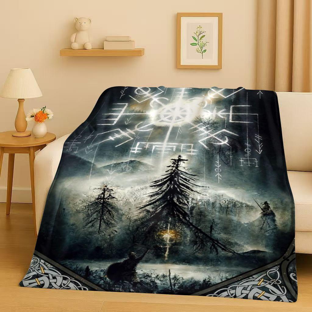 Retro Nordic Viking Totem Vegvisir Rune Valhalla Valknut Flannel Blanket,Ultra Soft Plush Throw for Home Bedroom Bed Sofa Cover