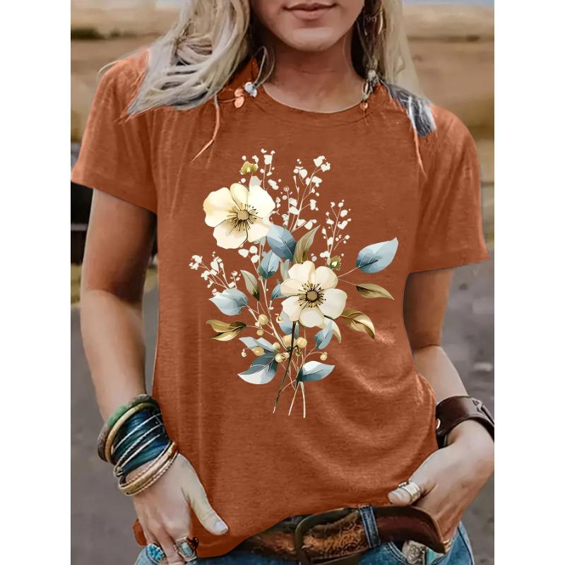 A New Summer Short-sleeved Women's T-shirt with Plant and Floral Prints