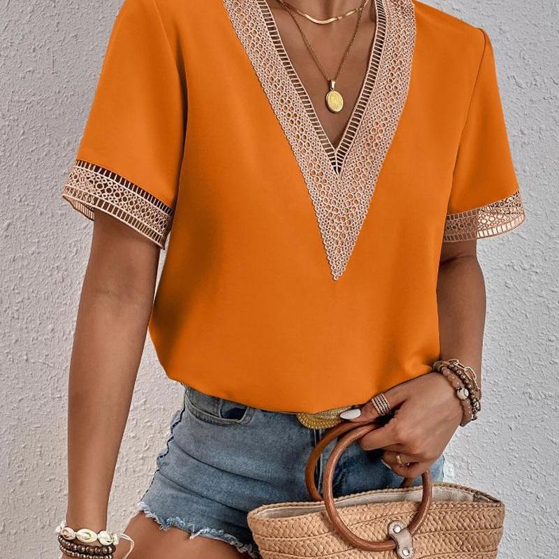 Women's V Neck Blouse Short Sleeve Lace Trim Loose Fit Casual Summer Top