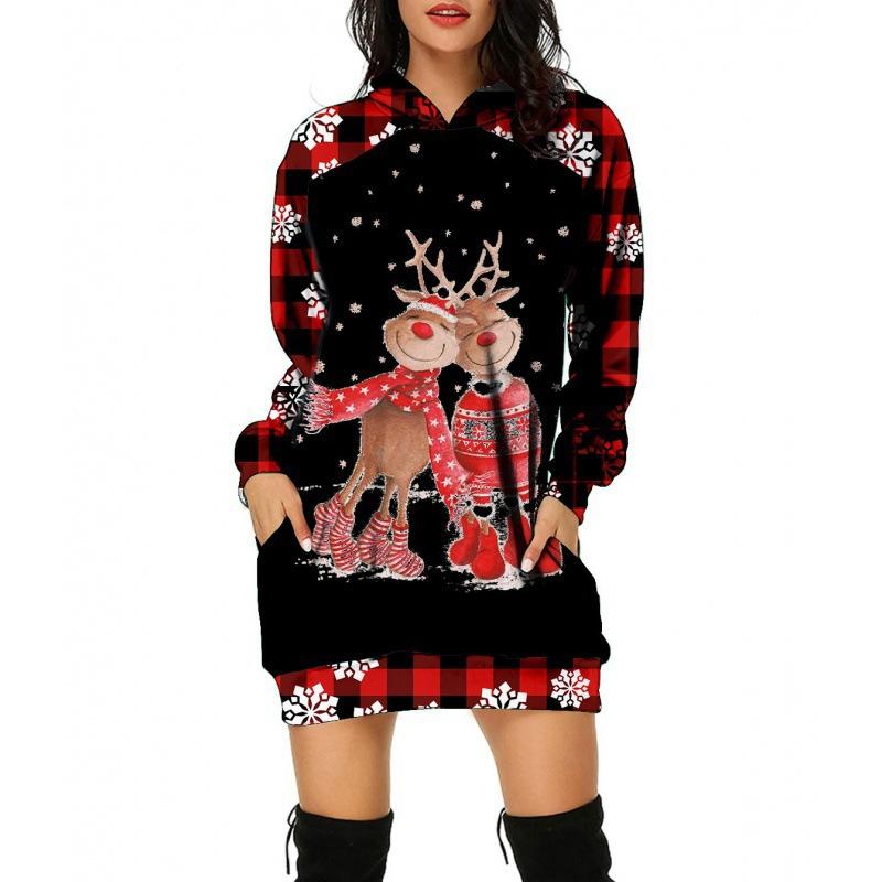 Women‘s Round Neck Long Sleeve Loose Fit Hoodie Dress 3D Print Casual Gown