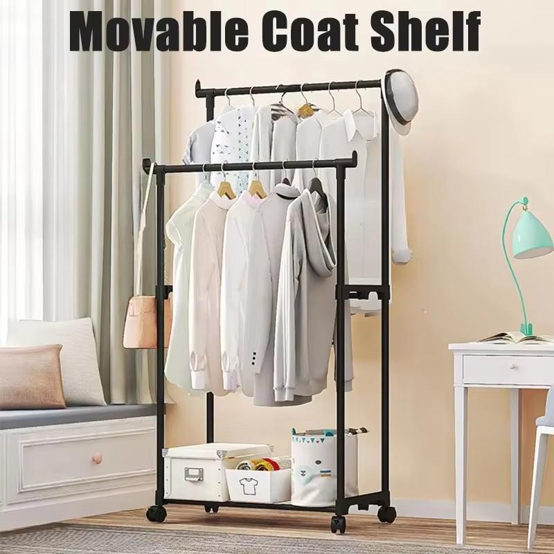 Movable Double Rod Clothes Rack Bedroom Floor Hangers Heavy Duty Coat Shelf with Wheels Organizer Home Shoe Hat Storage Racks
