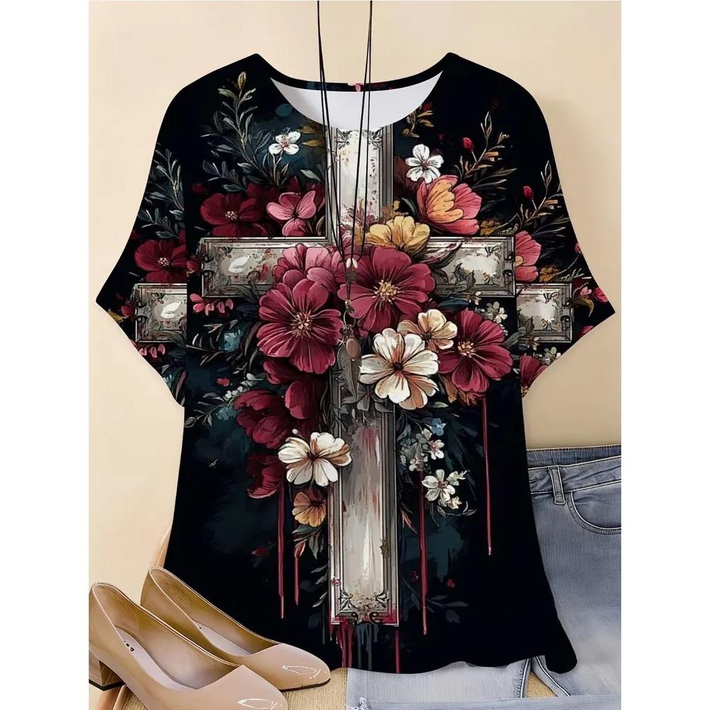 Retro Flower 3D Printed Short Sleeved T-shirt Fashionable Comfortable Soft Breathable Large Loose Womens T-shirt