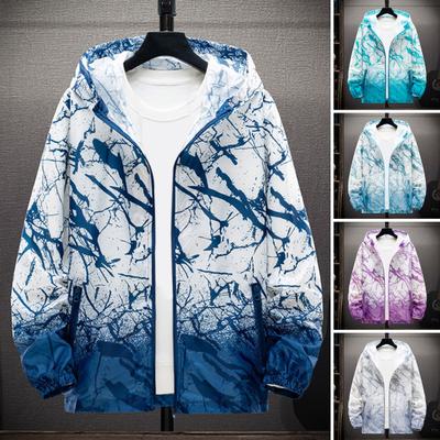 Herbst Frühling Herren Mantel mit Kapuze, Farbverlauf, passender Spritzdruck, Reißverschluss, Reißverschlusstaschen, lockere Strickjacke, elastische Bündchen, atmungsaktiv, weich, Outdoor-Mantel