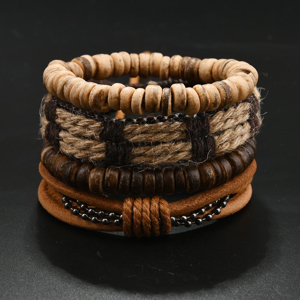 Minimalistisches Retro DIY Armband-Set: Europäischer & Amerikanischer Stil mit gewebtem Leder, Kokosschale, Hanfseil & Echtleder für Herren
