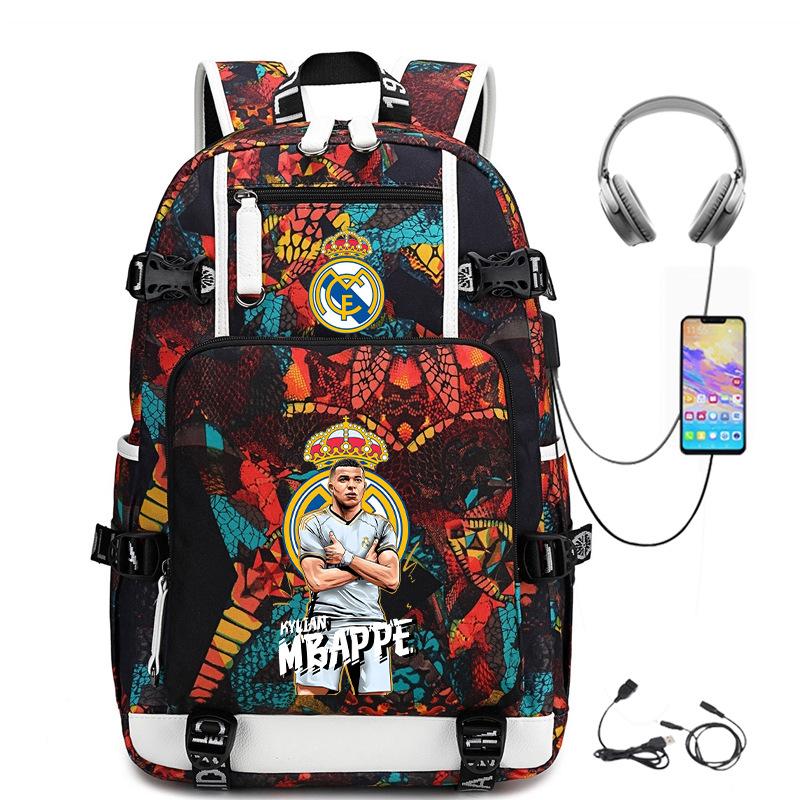Multifunctional Camo Backpack for Students, USB Charging Casual Travel Daypack, Football Star Print Design