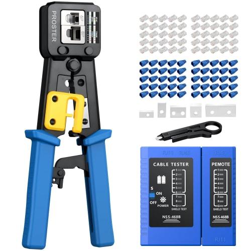 Proster Crimping Tool, Compatible with RJ45/RJ11/RJ12, CAT5/CAT6/CAT7, Cable Tester, Wiring Diagram, Replacement Blades, RJ45 Through-Type Connector,