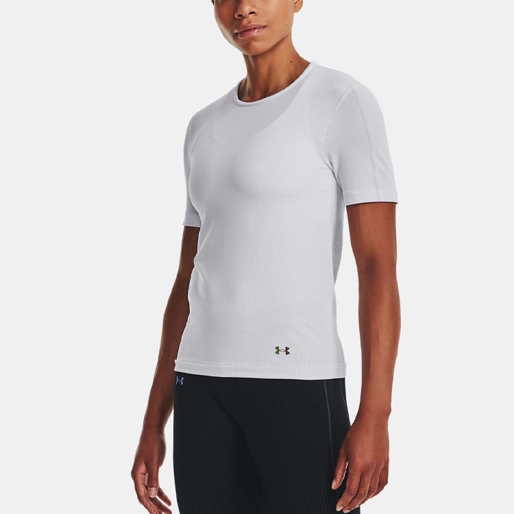 Under Armour Rush Series Seamless Solid Color Logo Embroidered Round Neck Short Sleeve T-Shirt Women Tops White 1373929-100