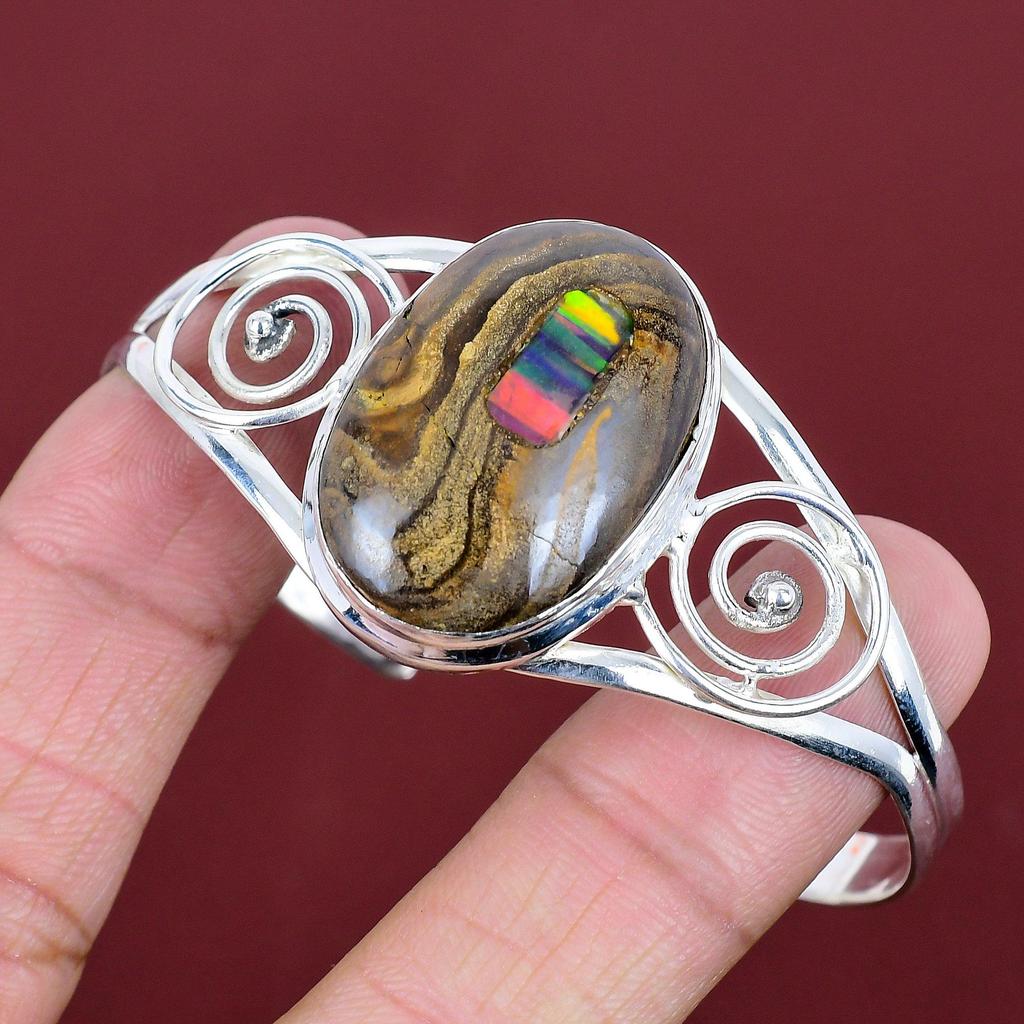 Ethopian Opal In Boulder Opal Bangle Gemstone Jewelry 925 Sterling Silver Cuff Bracelet Adjustable Bangle Handmade Bracelet Gifts for Mother