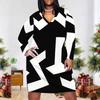 Women Plus Size V Neck Long Sleeve Black White Geometric Printed Fitted Dress
