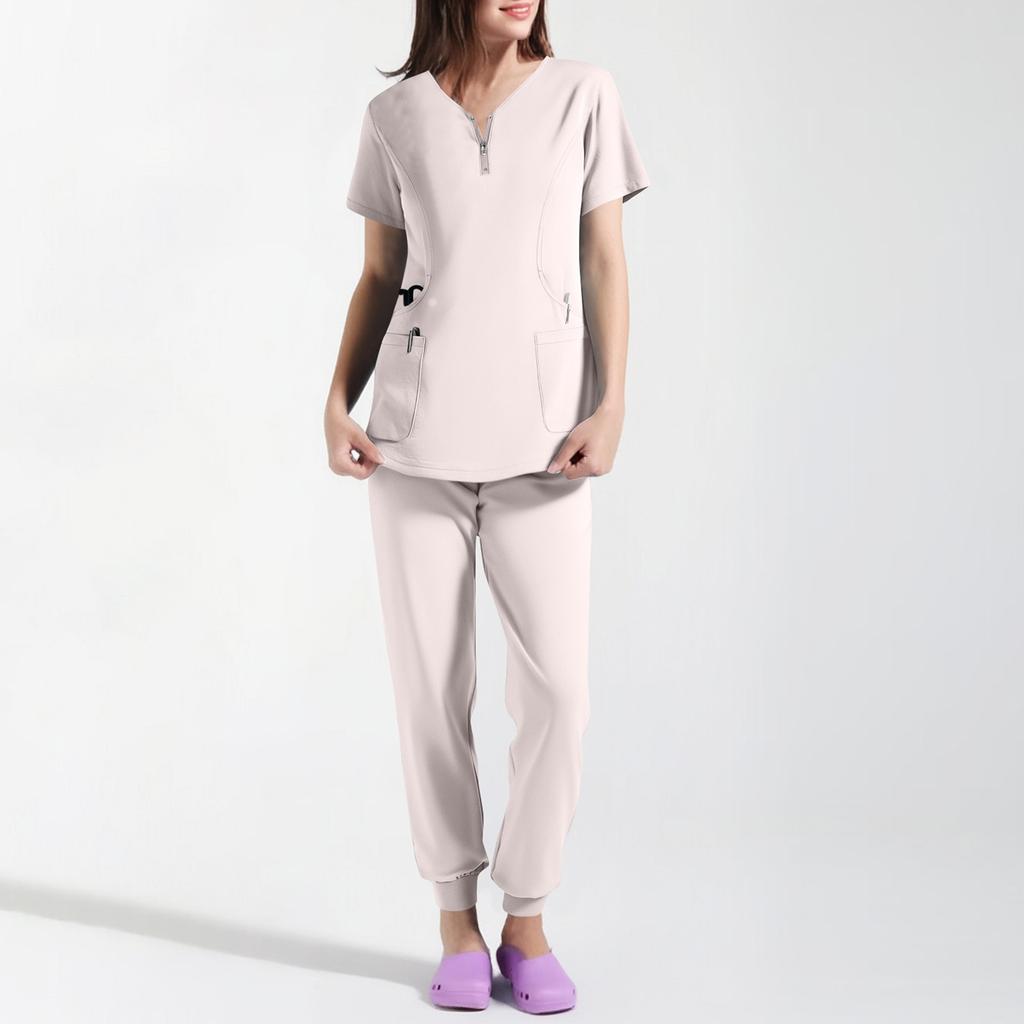 Damen Uniform Schnelltrocknendes Gewebe Farbe V-Ausschnitt Reißverschlusstasche Kurzarm Hosen Set Pflegekraft Set