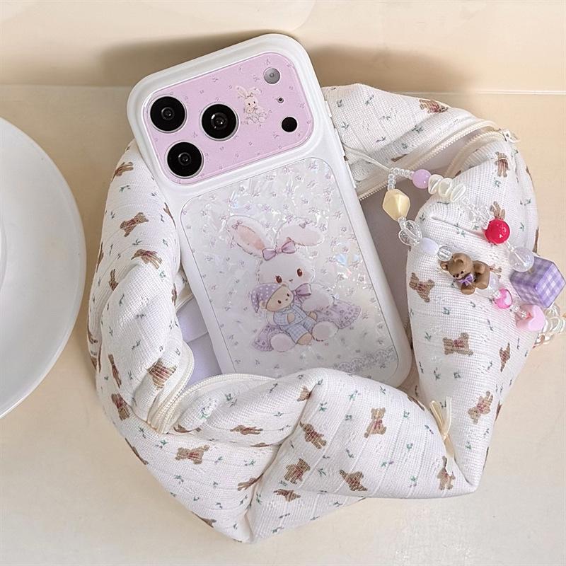 Purple Floral Bunny Teddy Bear Phone Case for iPhone 17/16 Pro Max/15 Pro - High-End Feel