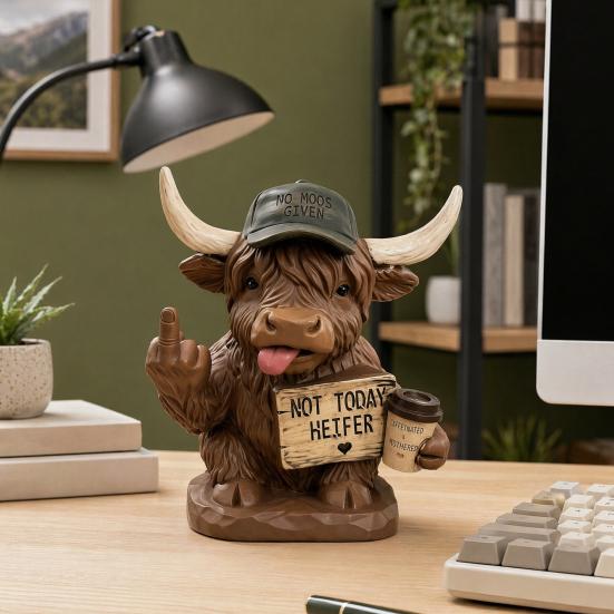 Highland Cow Desk Statue, Funny Middle Finger Cow Figurine with Coffee Cup & Sassy Sign, Cute Farmhouse Desktop Decor, Gag Gift for Coworkers, Office