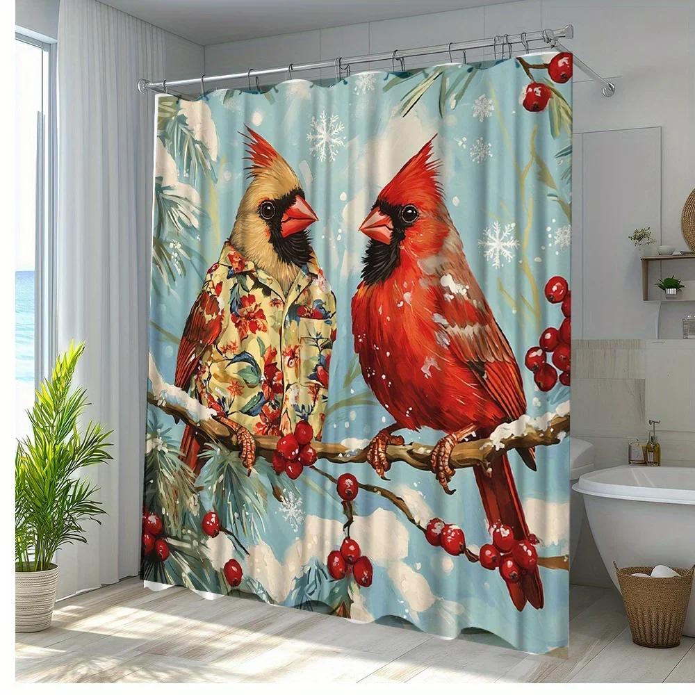 

1Pc Christmas Shower Curtain - Winter Snowy Cardinals On Berry Branch With Snowflakes Design, Polyester Fabric Bathroom Decor W60H190(CM)-1 Pcs