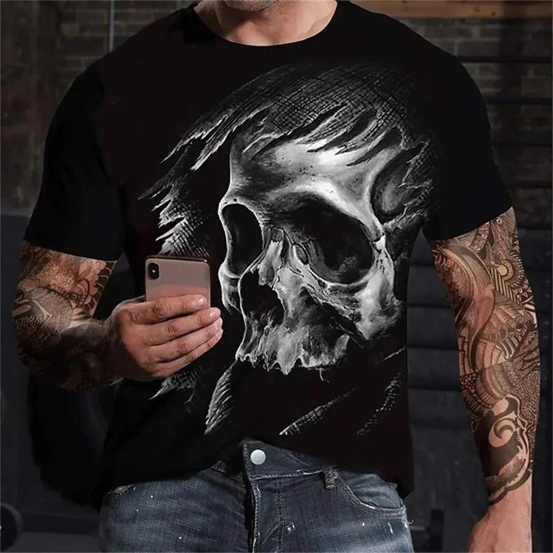 Summer Round Neck 3D Horror Skull Graphics Print Top Fashionable Casual Short Sleeved Men's T-shirts