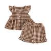 2Pcs Baby Girls Outfits Summer Flying Sleeve Square Neck Plaid Print Tops and Elastic Waist Shorts Set