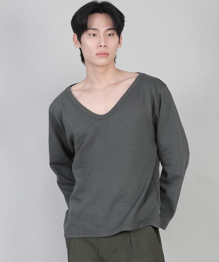 Seinteukeulu Plain Big V-Neck Long Sleeve Tee Bigv-879 Slate Gray