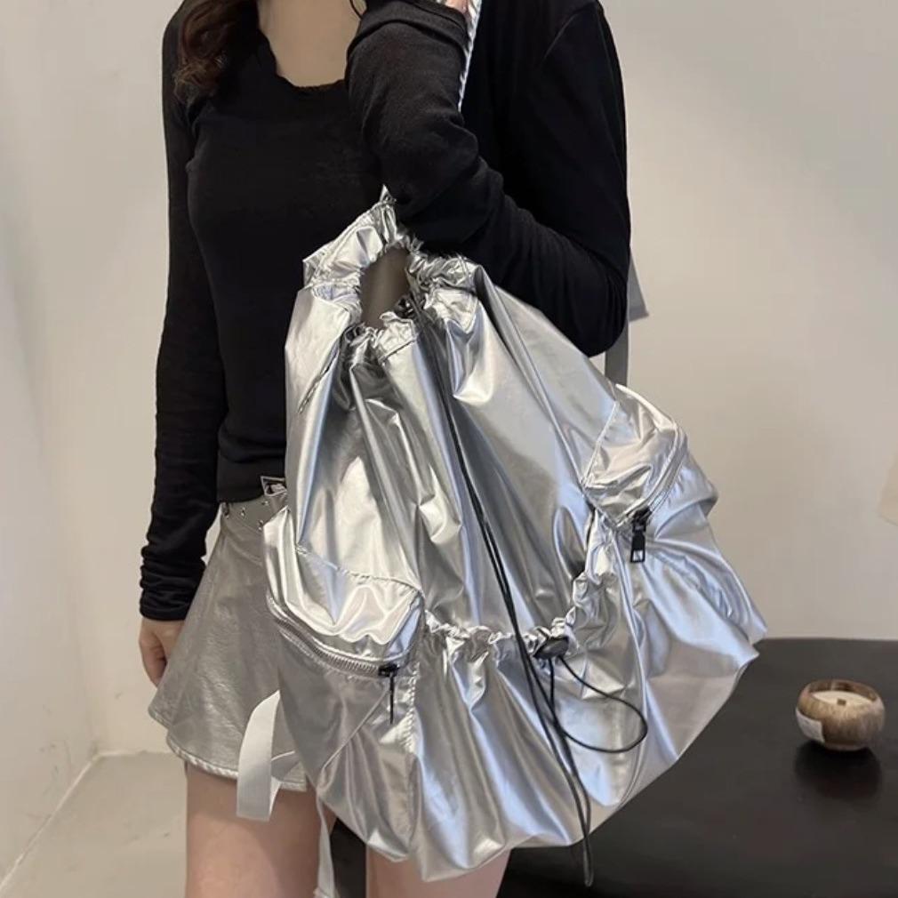 Silver Backpack Women'S Large Capacity Casual Fashion Bucket Bag Student School Bag Multifunctional Premium Sense Backpack
