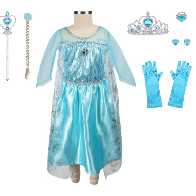 Frozen Elsa Princess Dress for Girls Glamorous Ball Gown for Princess Parties Character Costume with Blue Sleeves Ages 6-7