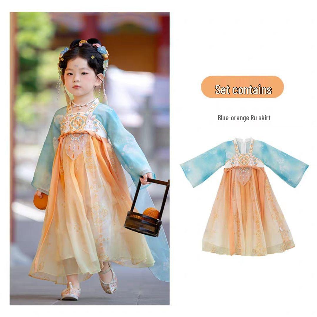 

Autumn Jade Rabbit Hanfu: Chinese-Style Ruqun Dress for Girls, Mid-Autumn Festival Costume