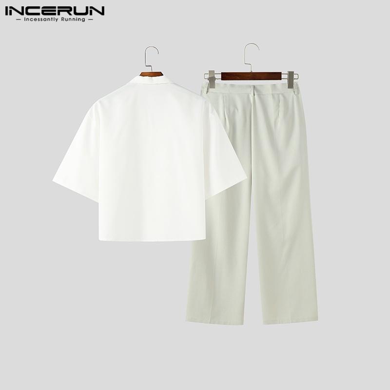 INCERUN 2PCS Men Lapel Neck Short Sleeve Shirt Long Straight Pants Sets Two Pieces Outfits