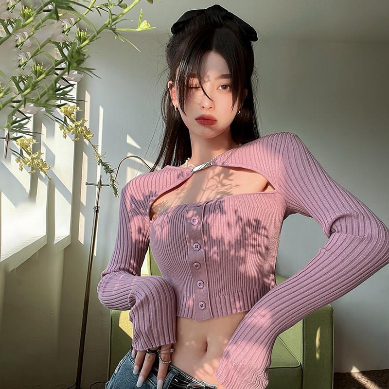 

Женские вязаные ажурные осенне-весенние приталенные кроп-топы с длинным рукавом