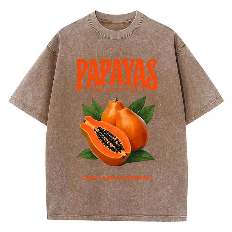 Papayas Hand Picked Fresh Prints Washed TShirt Womens Cotton T Shirts ONeck Comfortable Distressed Tops Summer Womans Clothes