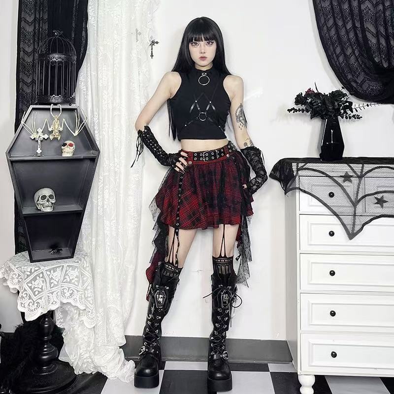 GlowGirl Kostkovaný Patchwork Nepravidelná Mini Kpop Ležérní Sukně Hot Girl Letní Všestranná Gotická Estetika Grunge Streetwear Volánková Sukně