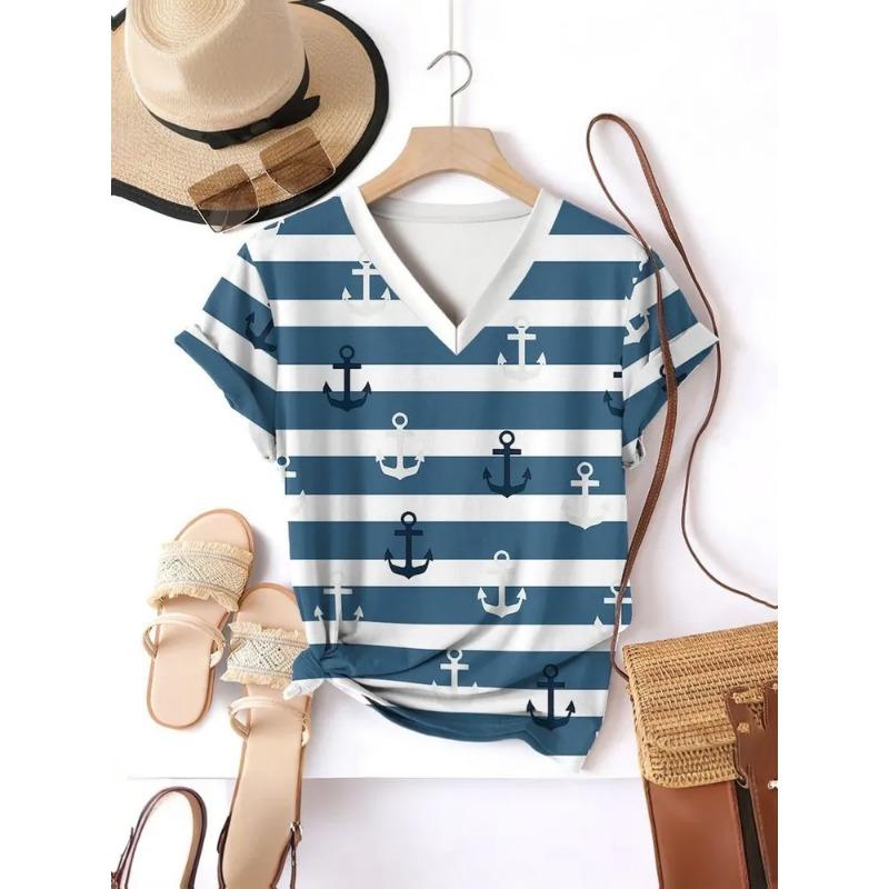 Stripe Graphic 3D T Shirt Women Summer V-Neck Short Sleeve Tops Holiday Casual Tees Woman Streetwear Oversized T-shirt