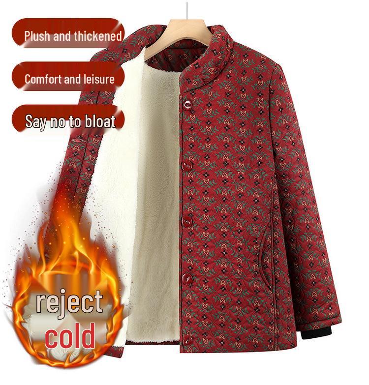 Floral Velvet-Lined Winter Coat for Elderly Women - Warm Cotton Jacket with Stand Collar