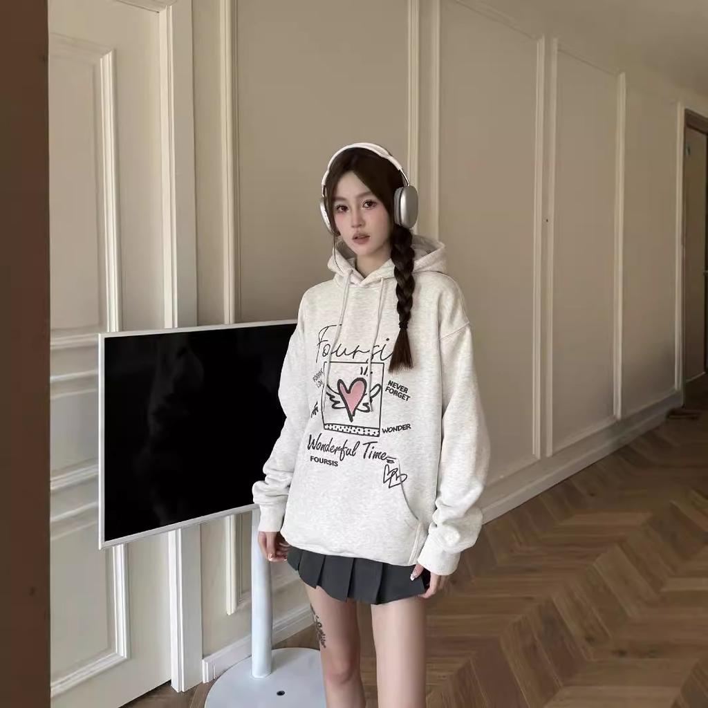 Hong Kong Style Love Printing Loose Large Size Hooded Sweater Female Senior Sense Niche Student Velvet Jacket Ins