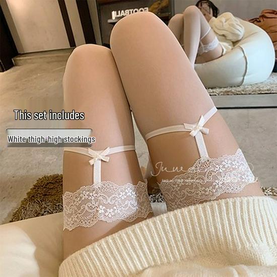 Elegant White Silk 3D Lace Camisole with Black Silk Non-Slip Thigh-High Stockings - Women's Sexy Sheer Over-the-Knee Core-Spun Silk Stockings