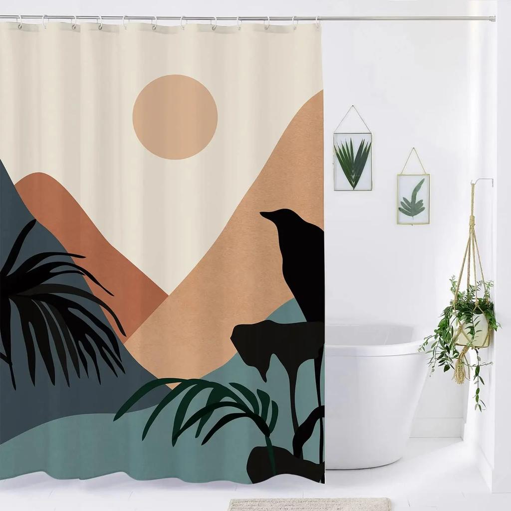 unframed abstract Bohemian shower curtain Medieval arch Sun leaf Modern minimalist aesthetic line geometric decorative shower cu