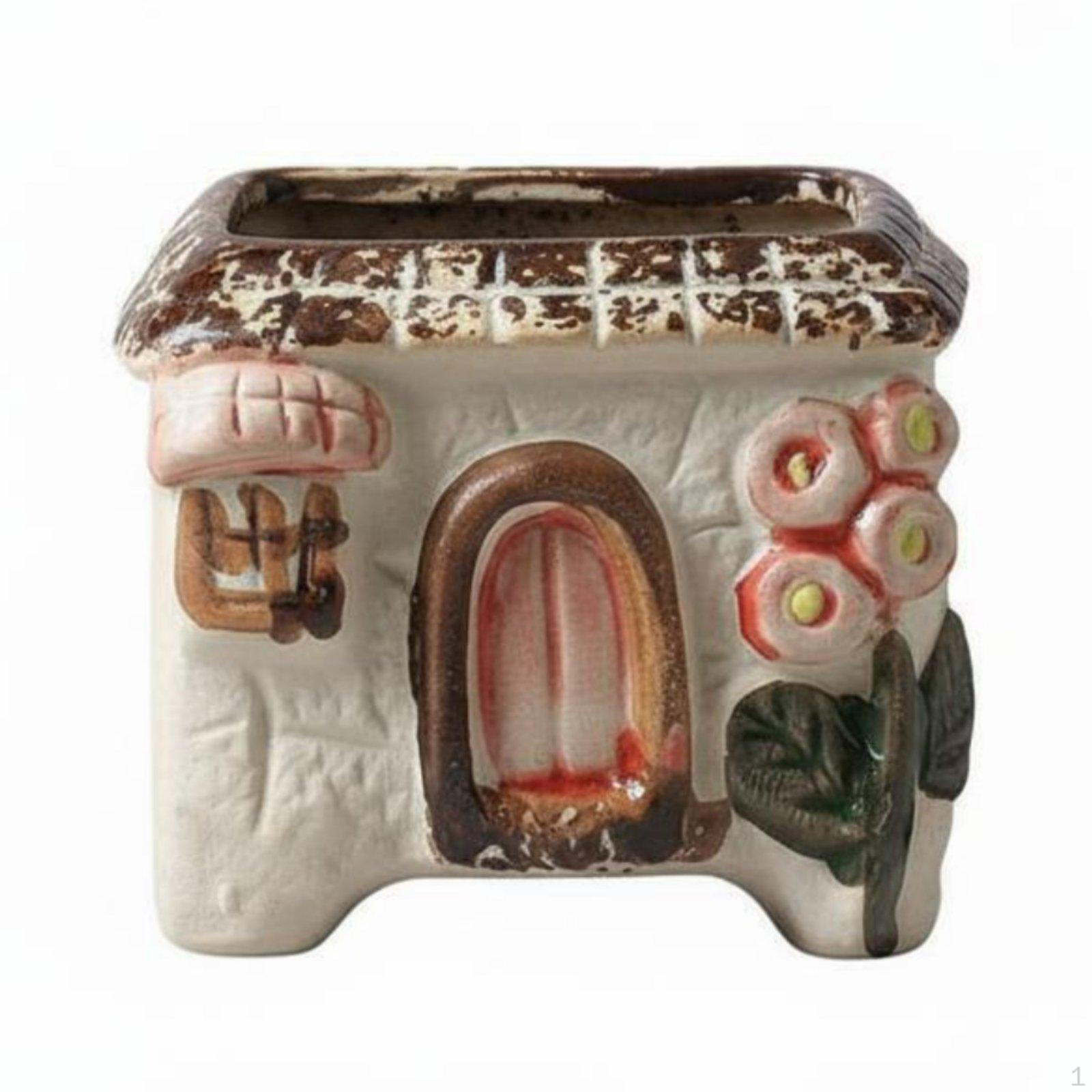 Coarse Pottery Flowerpot Rustic Design Mini Pot Miniature Size Ceramic Planter for Kids, Square House