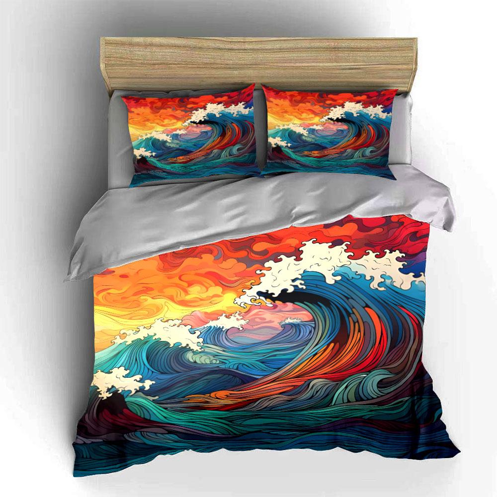 Ocean Waves Art Decor Set Bedding Set with 1 Duvet Cover 2 Pillowcases Single Double King Queen, Gift