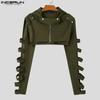 INCERUN Männer Aushöhlen Langarm Kurze Tops Solide Crop Kapuzen Hoodies